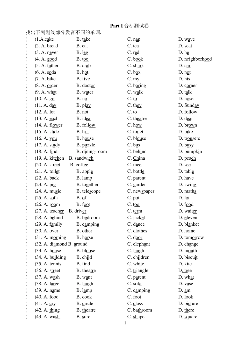 PartI音标测试卷_第1页