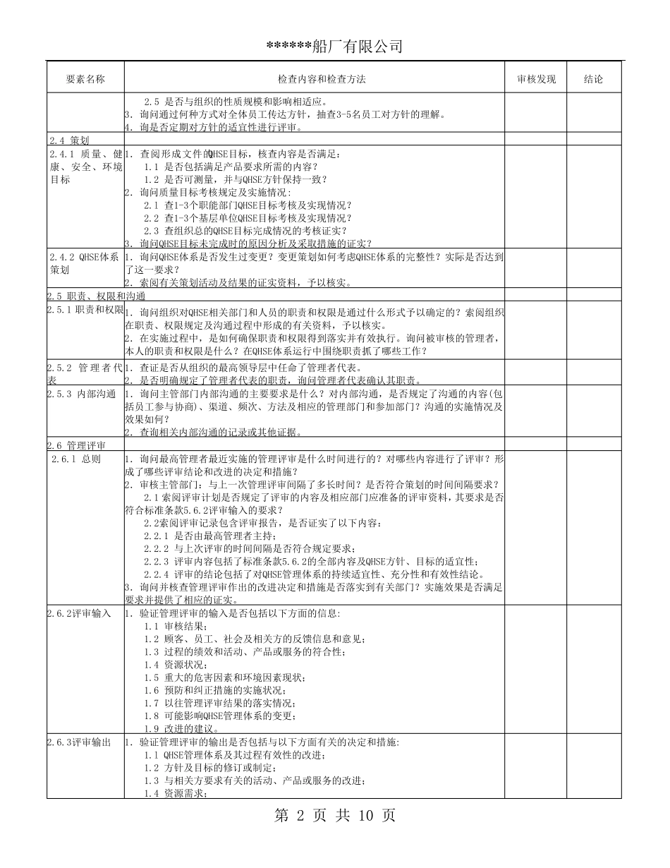 QHSE管理体系内部审核检查表_第2页