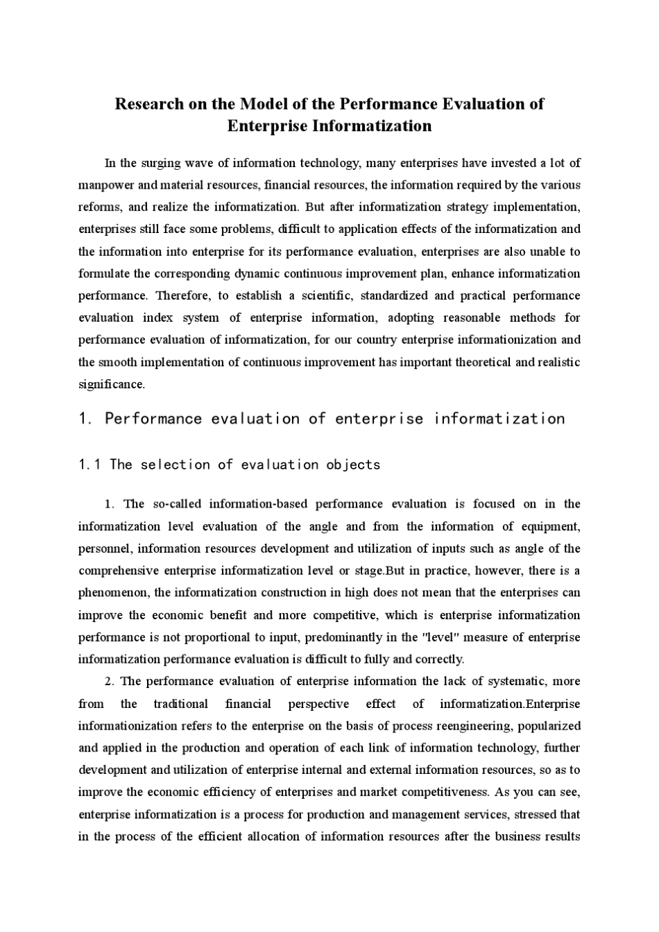 ResearchontheModelofthePerformanceEvaluationofEnterpriseInformatization_第1页