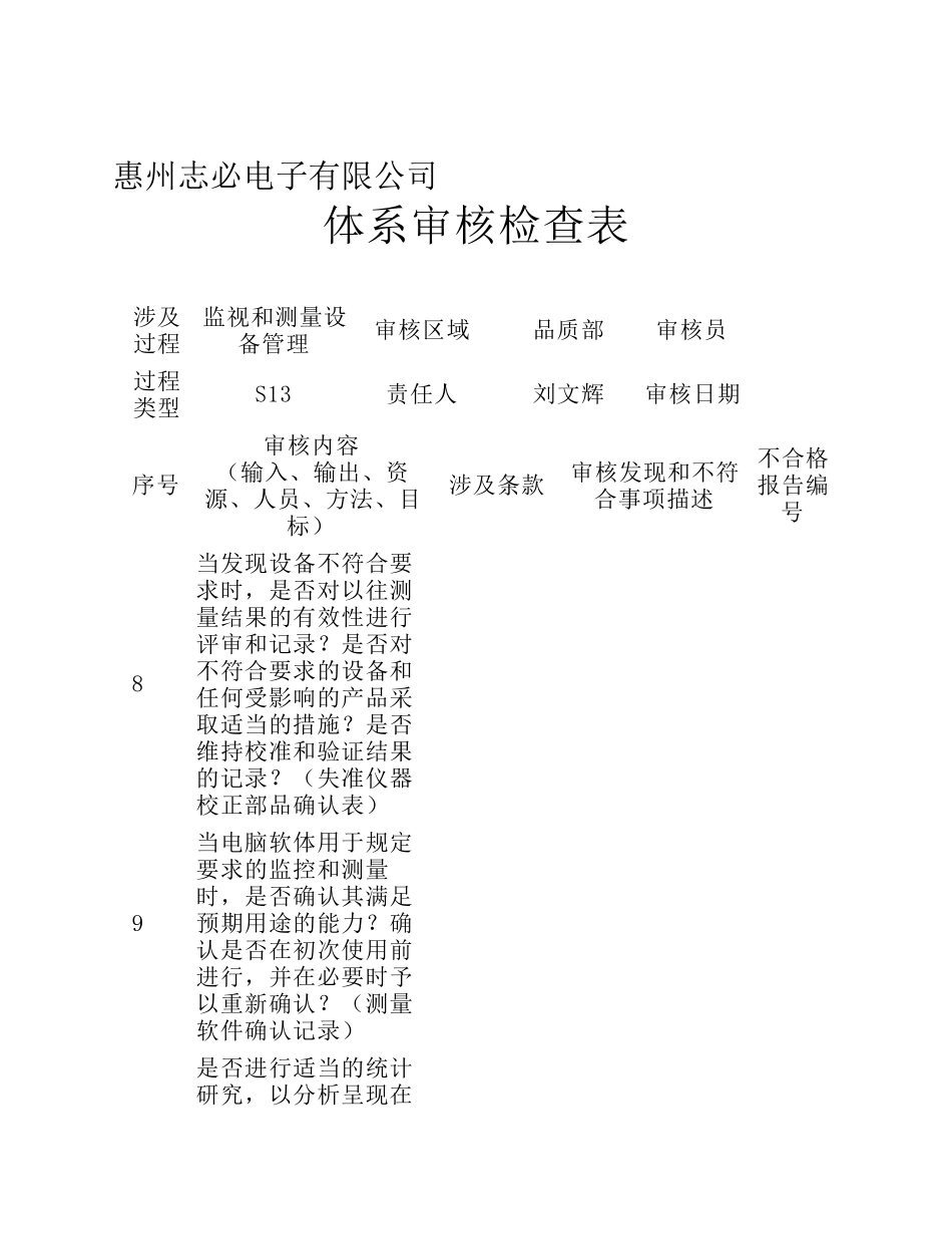 S13体系审核检查表=8.2.4监视和测量设备=品质部_第3页