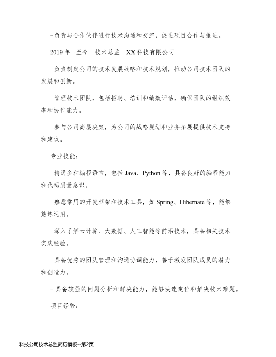 科技公司技术总监简历模板_第2页