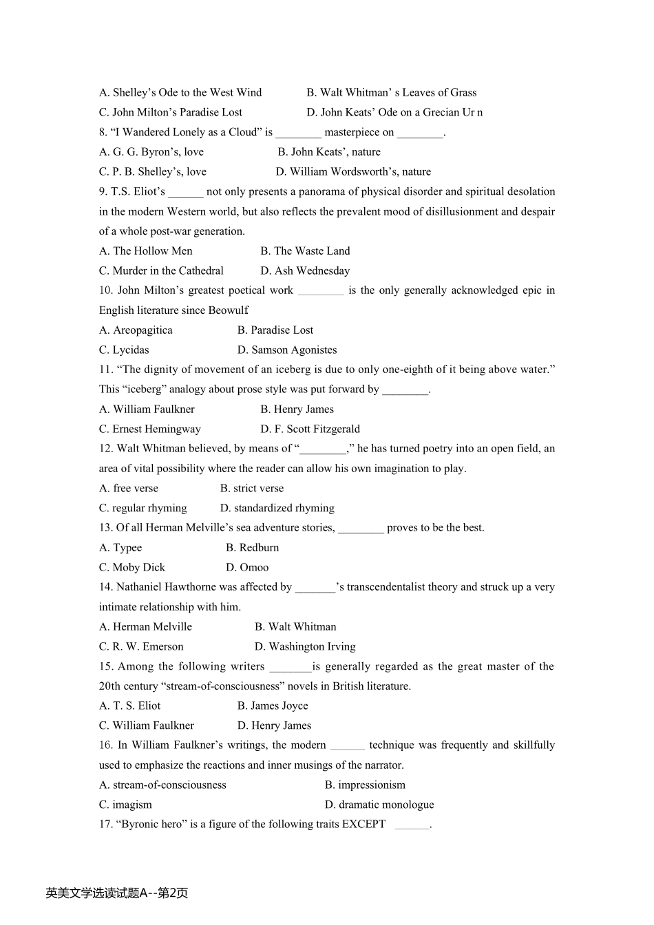 英美文学选读试题A_第2页