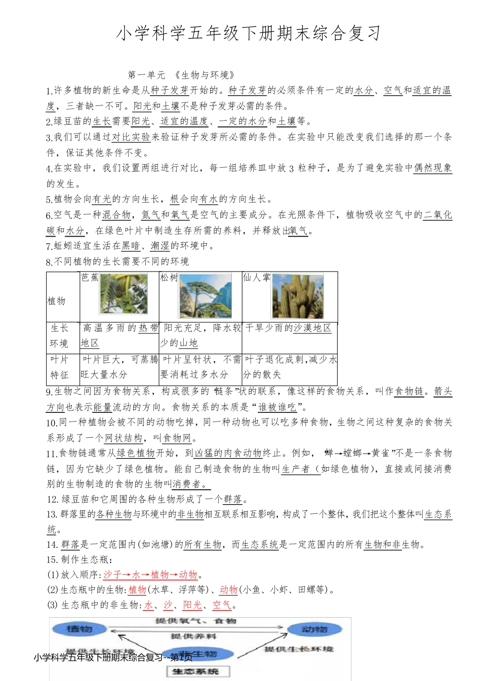 小学科学五年级下册期末综合复习_第1页