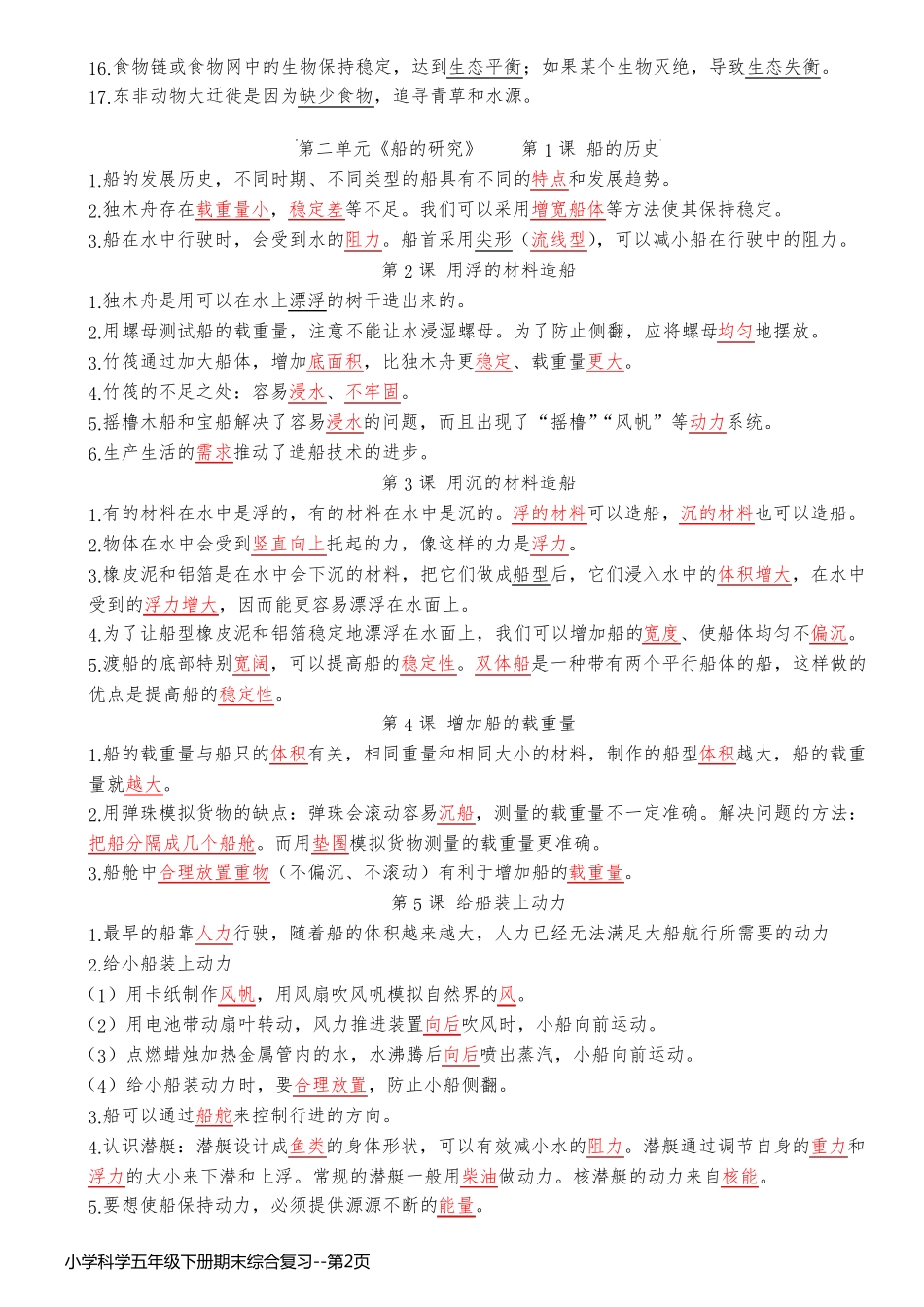 小学科学五年级下册期末综合复习_第2页