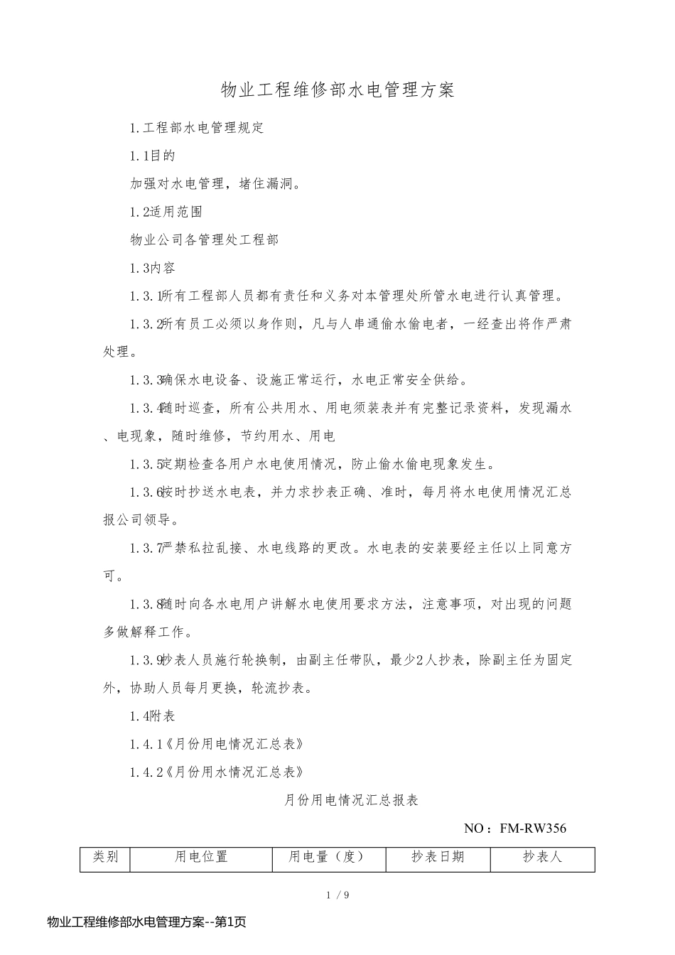 物业工程维修部水电管理方案_第1页