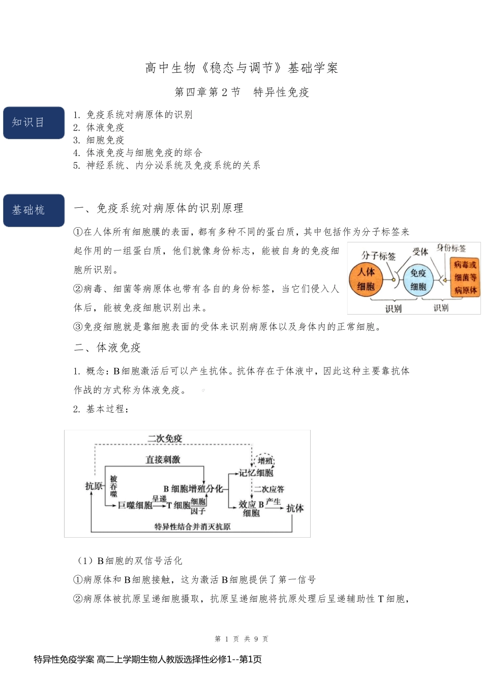 特异性免疫学案 高二上学期生物人教版选择性必修1_第1页