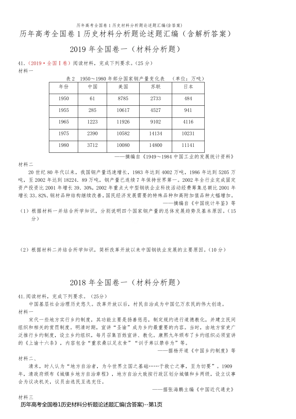 历年高考全国卷1历史材料分析题论述题汇编(含答案)_第1页
