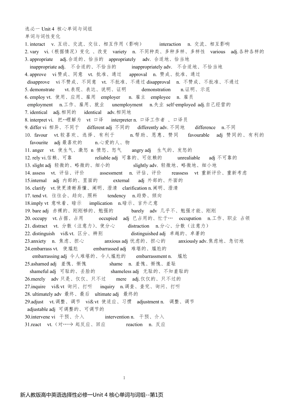 新人教版高中英语选择性必修一Unit 4 核心单词与词组_第1页