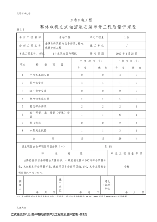 立式轴流泵机组(整体电机)安装单元工程高质量评定表