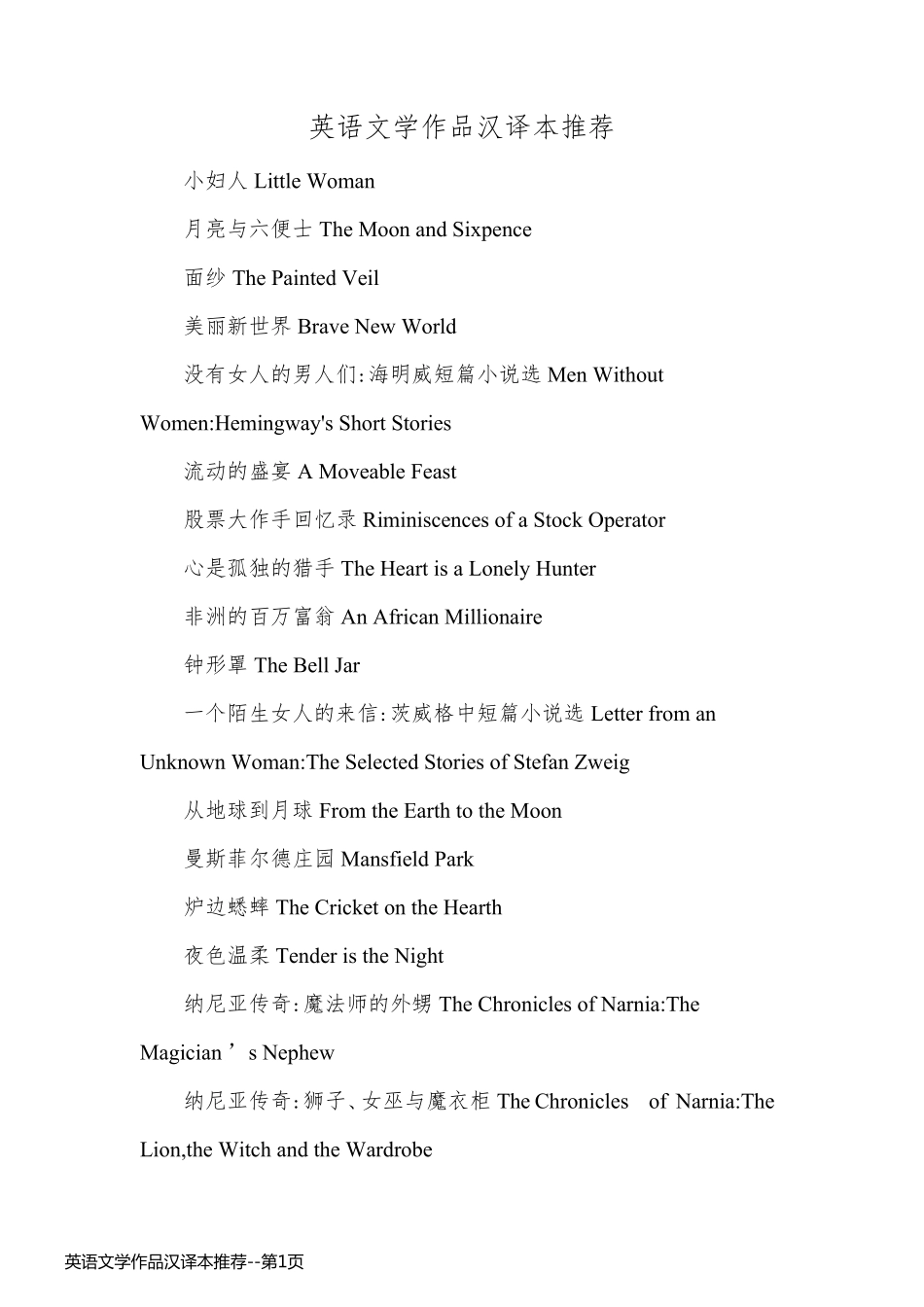 英语文学作品汉译本推荐_第1页