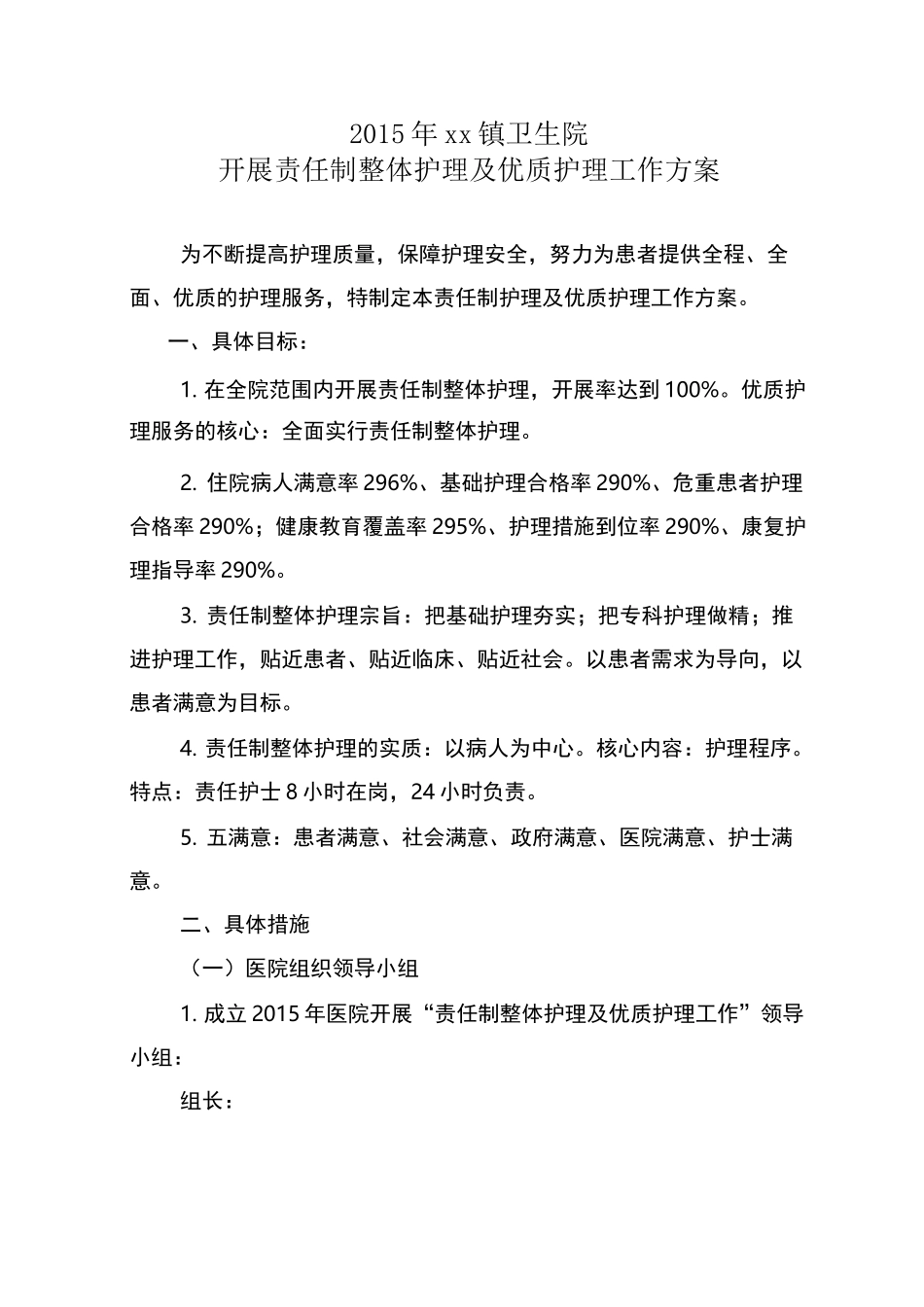 开展责任制整体护理及优质护理工作方案_第1页