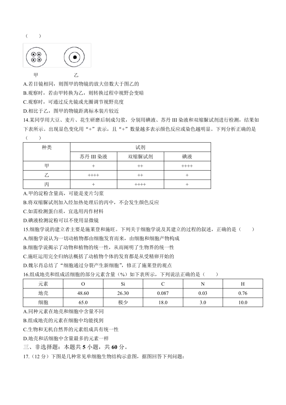 江西省南昌市等5地2023-2024学年高一上学期10月月考试题 生物含解析_第3页