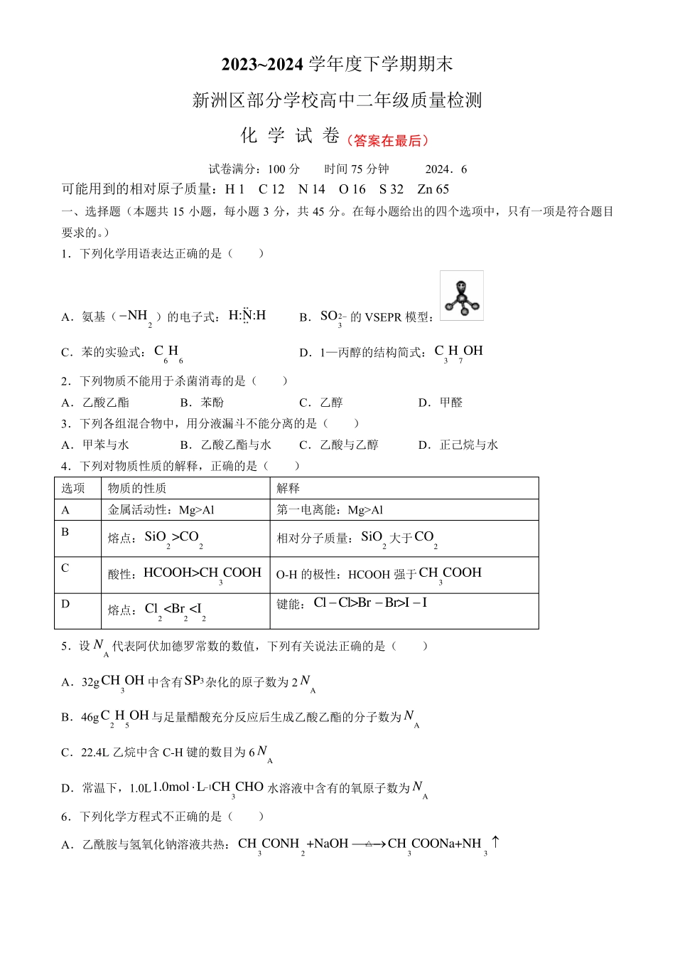 湖北省武汉市新洲区2023-2024学年高二下学期6月期末化学试题含答案_第1页