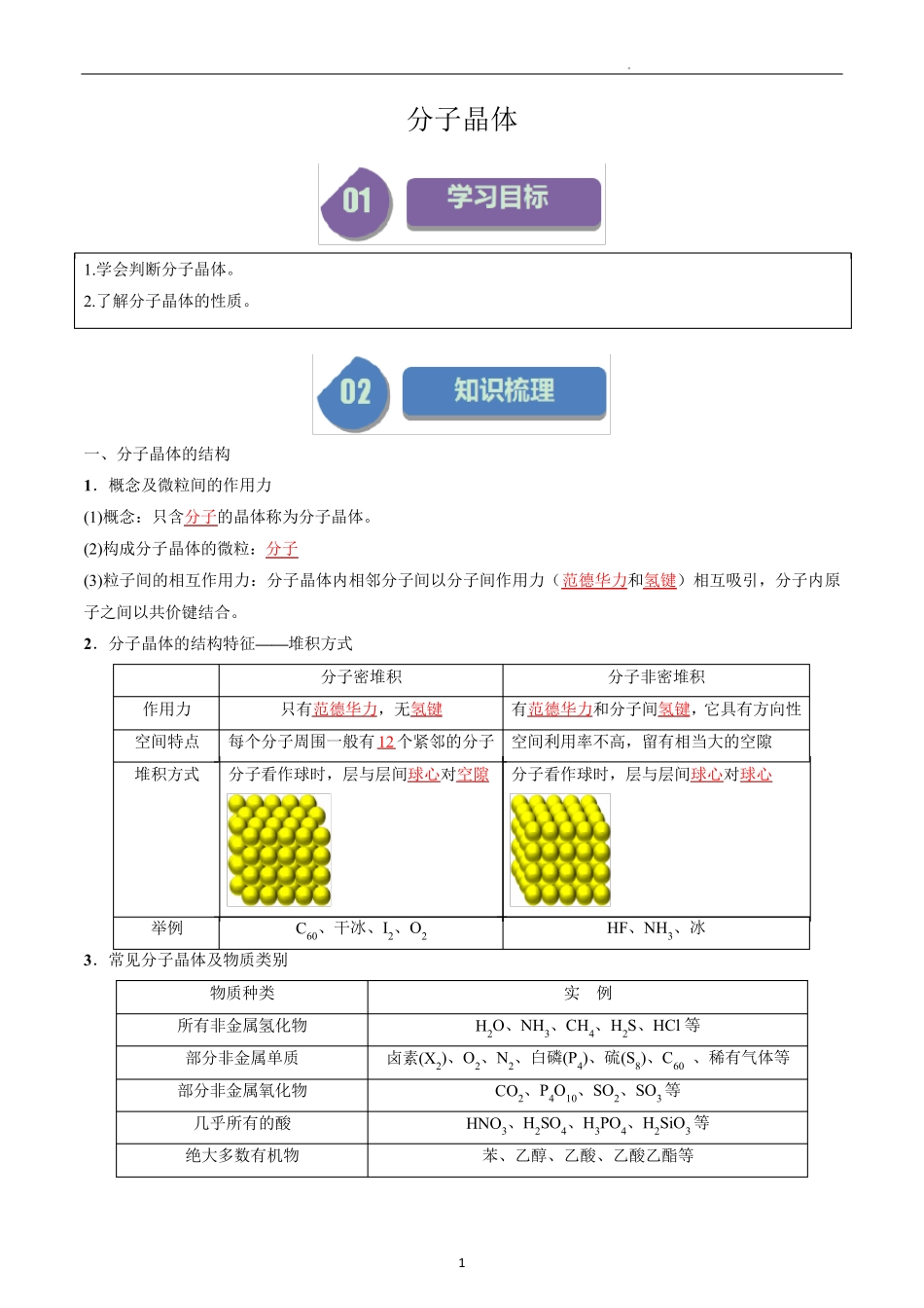 高中化学选择性必修二教案讲义：分子晶体(教师版)_第1页