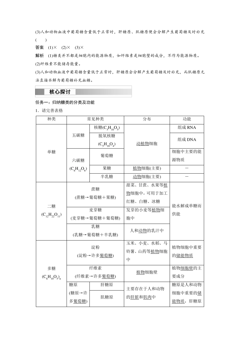 高中生物(必修第一册 人教版)讲义教案：细胞中的糖类和脂质(含答案)_第2页