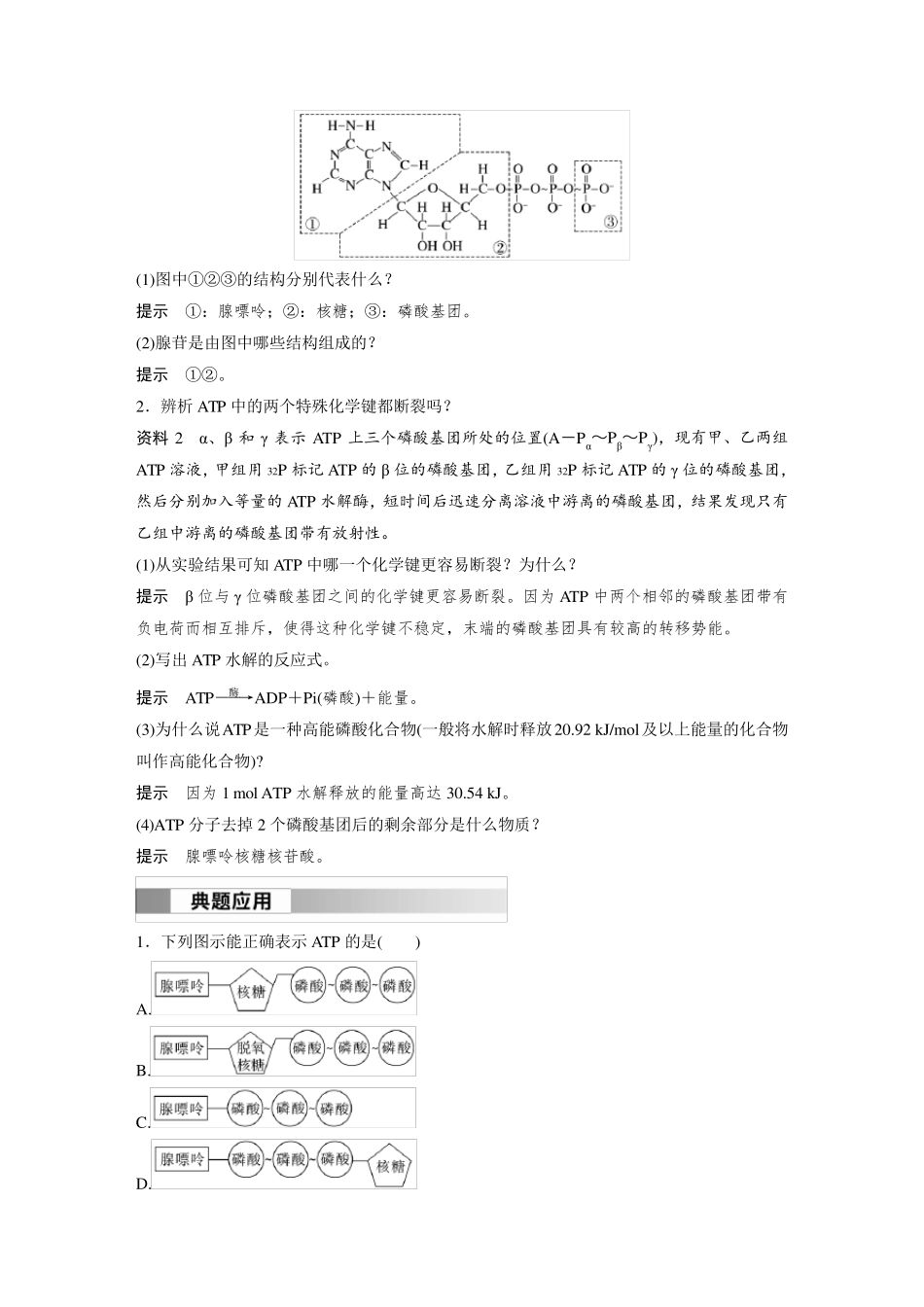 高中生物(必修第一册 人教版)讲义教案：细胞的能量“货币”ATP(含答案)_第2页