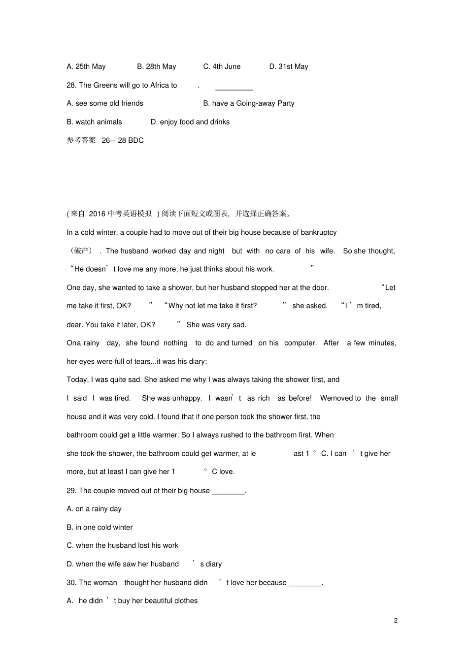 山西朔州2016中考英语二轮精选题阅读理解六讲解_第2页