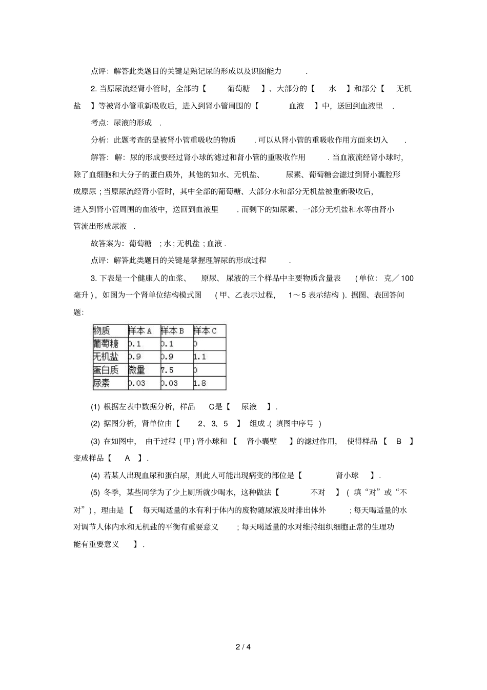 山西特岗教师招聘考试初中生物试题分类汇编排泄四_第2页