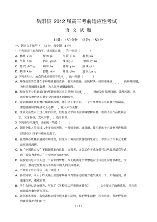 岳阳届高三考前适应性考试语文