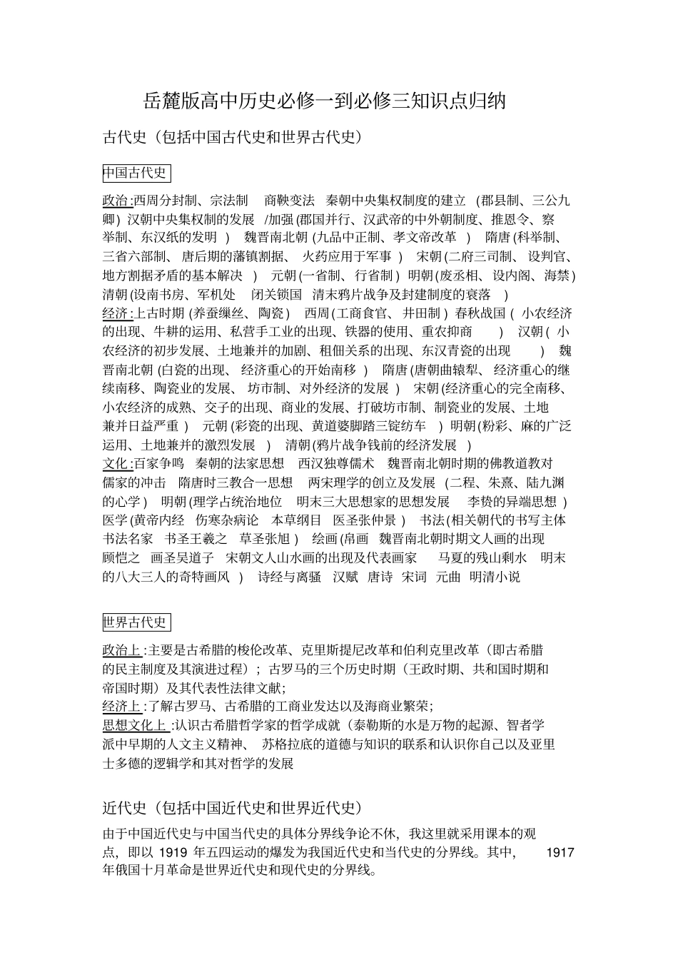 岳麓版高中历史必修一到必修三知识点归纳_第1页