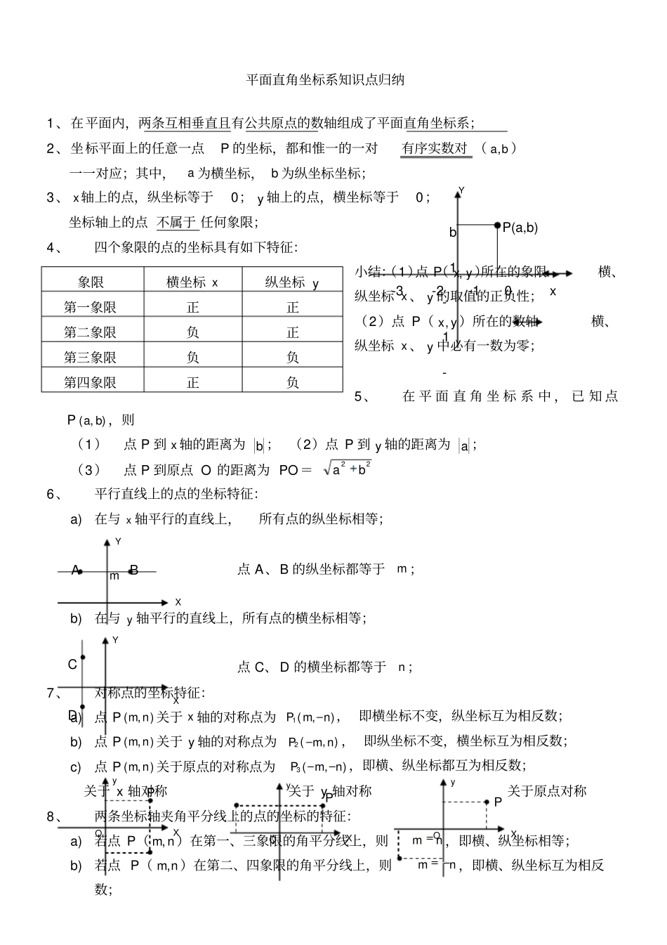 平面直角坐标系知识点归纳及例题_第1页