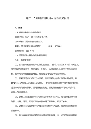 年产10万吨酒精项目可行性研究报告