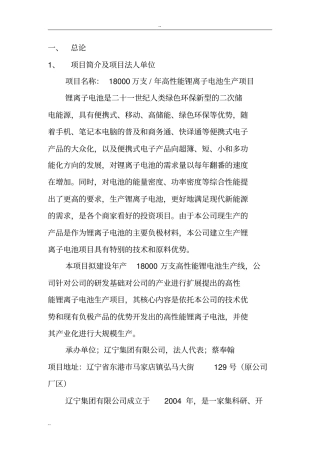 年产18000万支高性能锂离子电池生产项目可行性研究报告