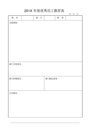 年优秀员工评选推荐表