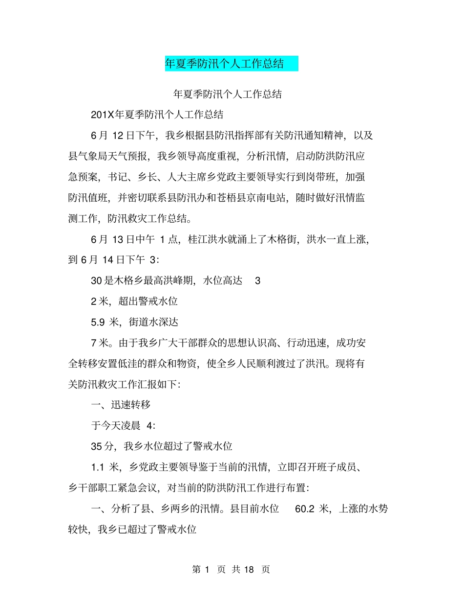 年夏季防汛个人工作总结_第1页