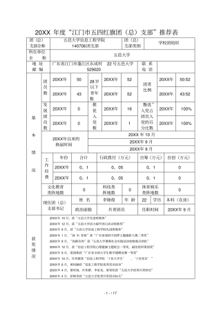 年江门五四红旗团总支部推荐表