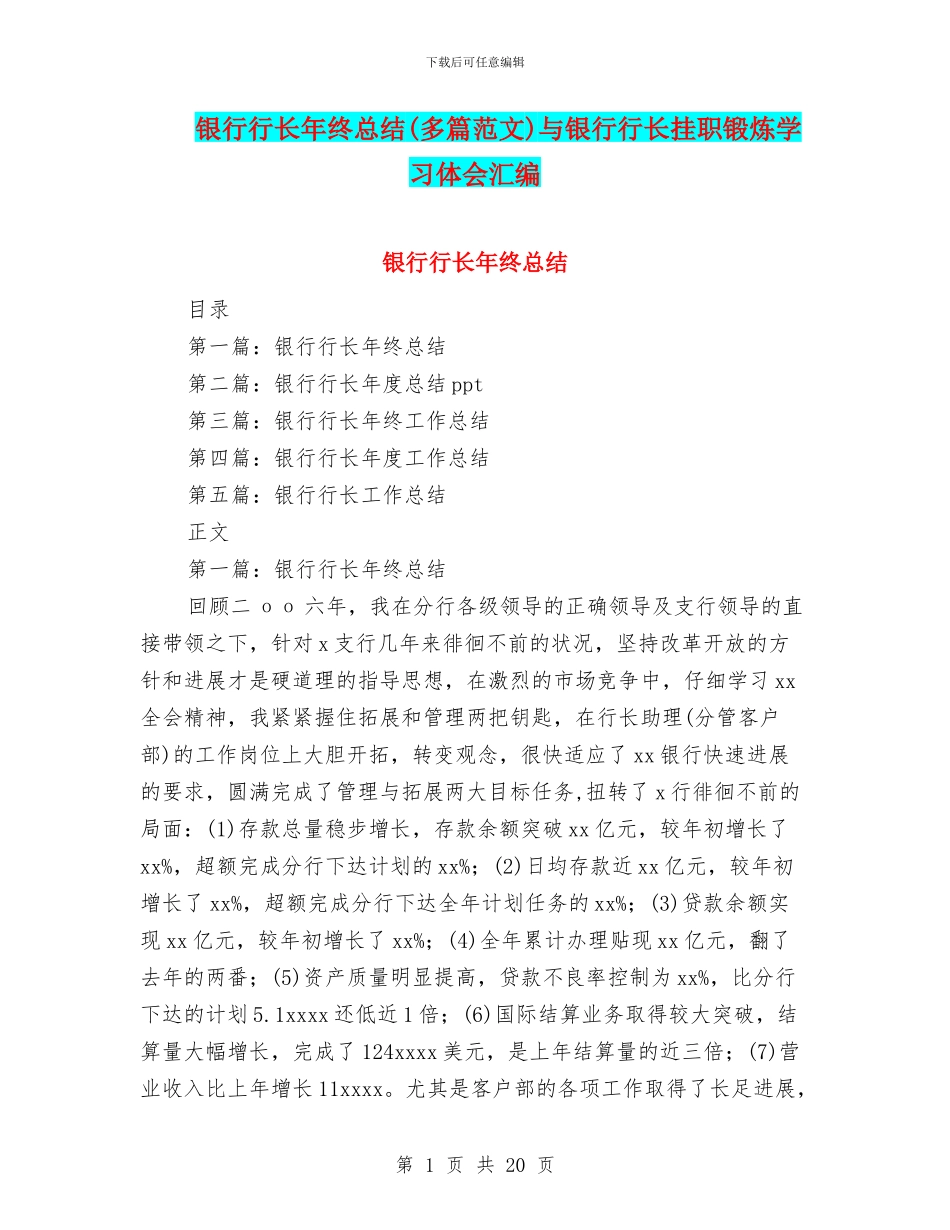 银行行长年终总结与银行行长挂职锻炼学习体会汇编_第1页