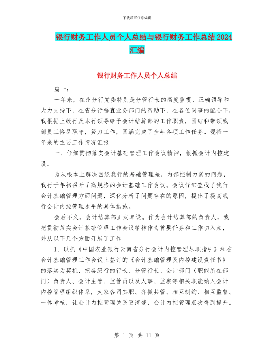 银行财务工作人员个人总结与银行财务工作总结2024汇编_第1页