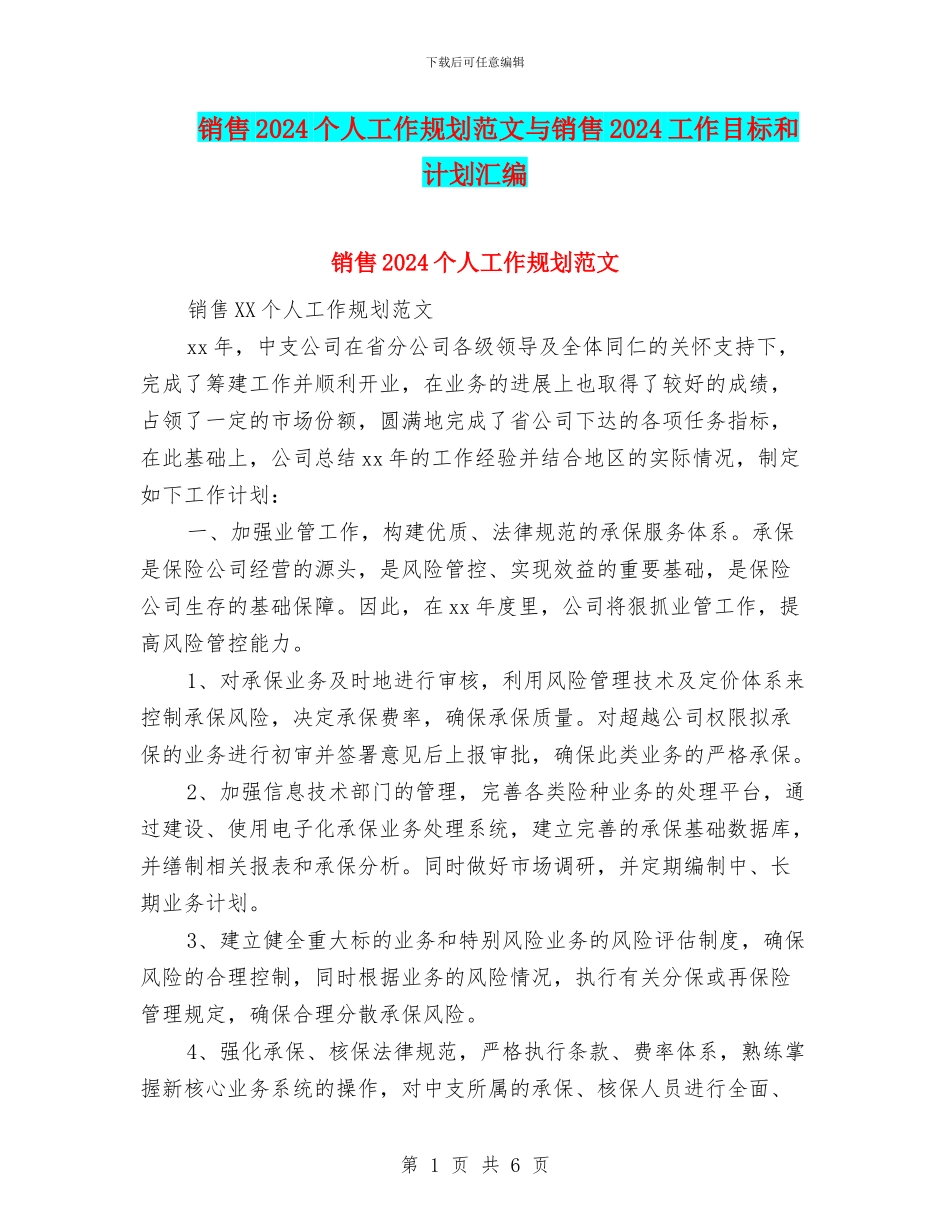 销售2024个人工作规划范文与销售2024工作目标和计划汇编_第1页