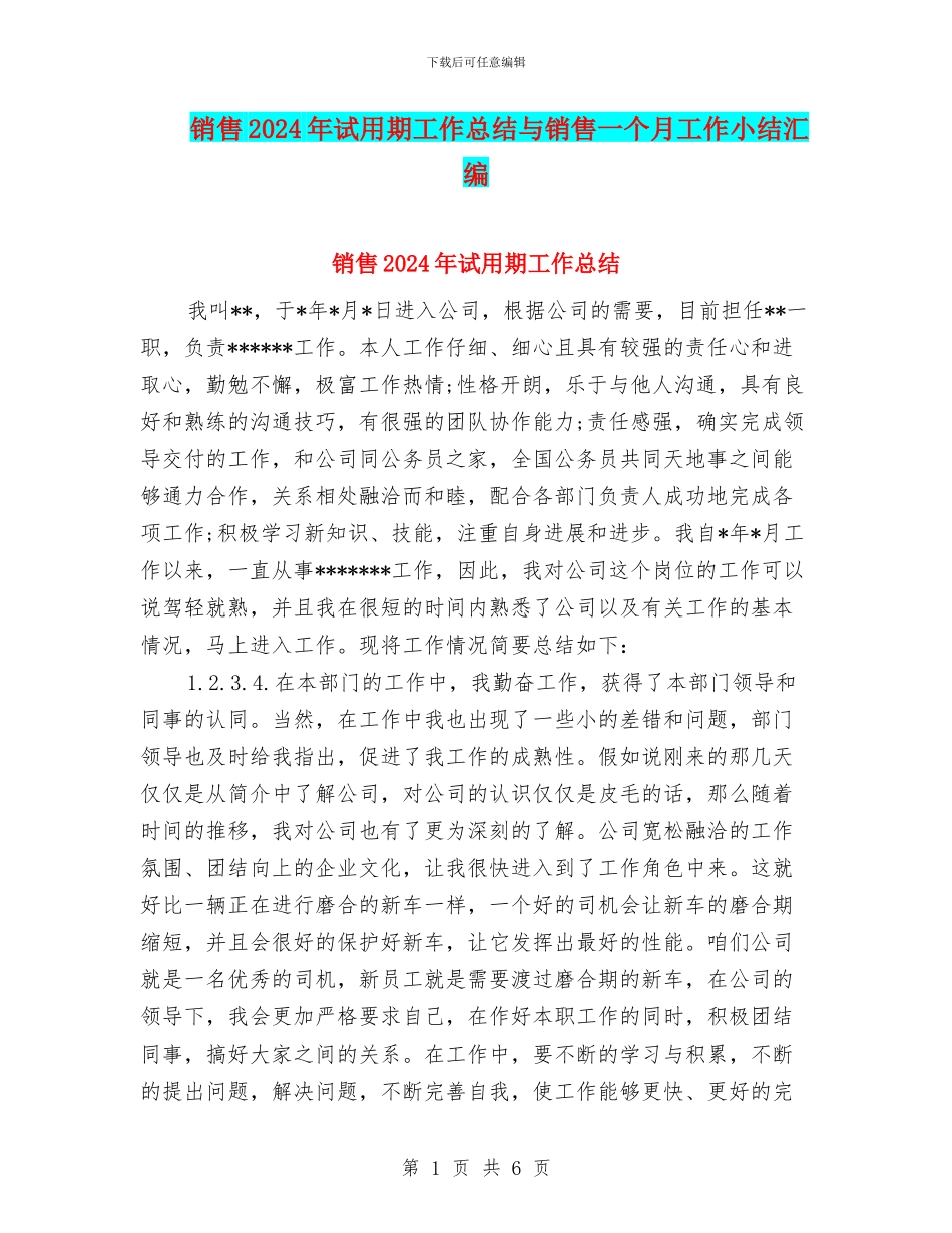 销售2024年试用期工作总结与销售一个月工作小结汇编_第1页