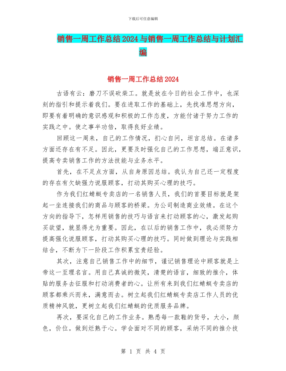 销售一周工作总结2024与销售一周工作总结与计划汇编_第1页