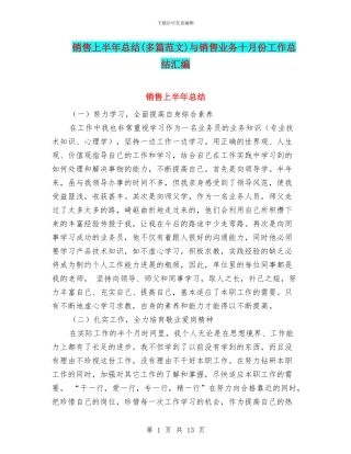 销售上半年总结与销售业务十月份工作总结汇编