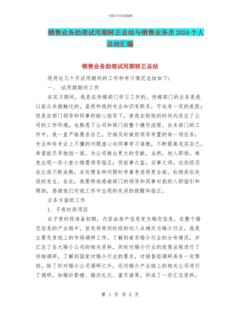 销售业务助理试用期转正总结与销售业务员2024个人总结汇编_第1页