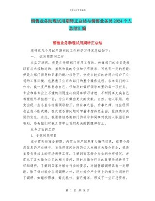 销售业务助理试用期转正总结与销售业务员2024个人总结汇编