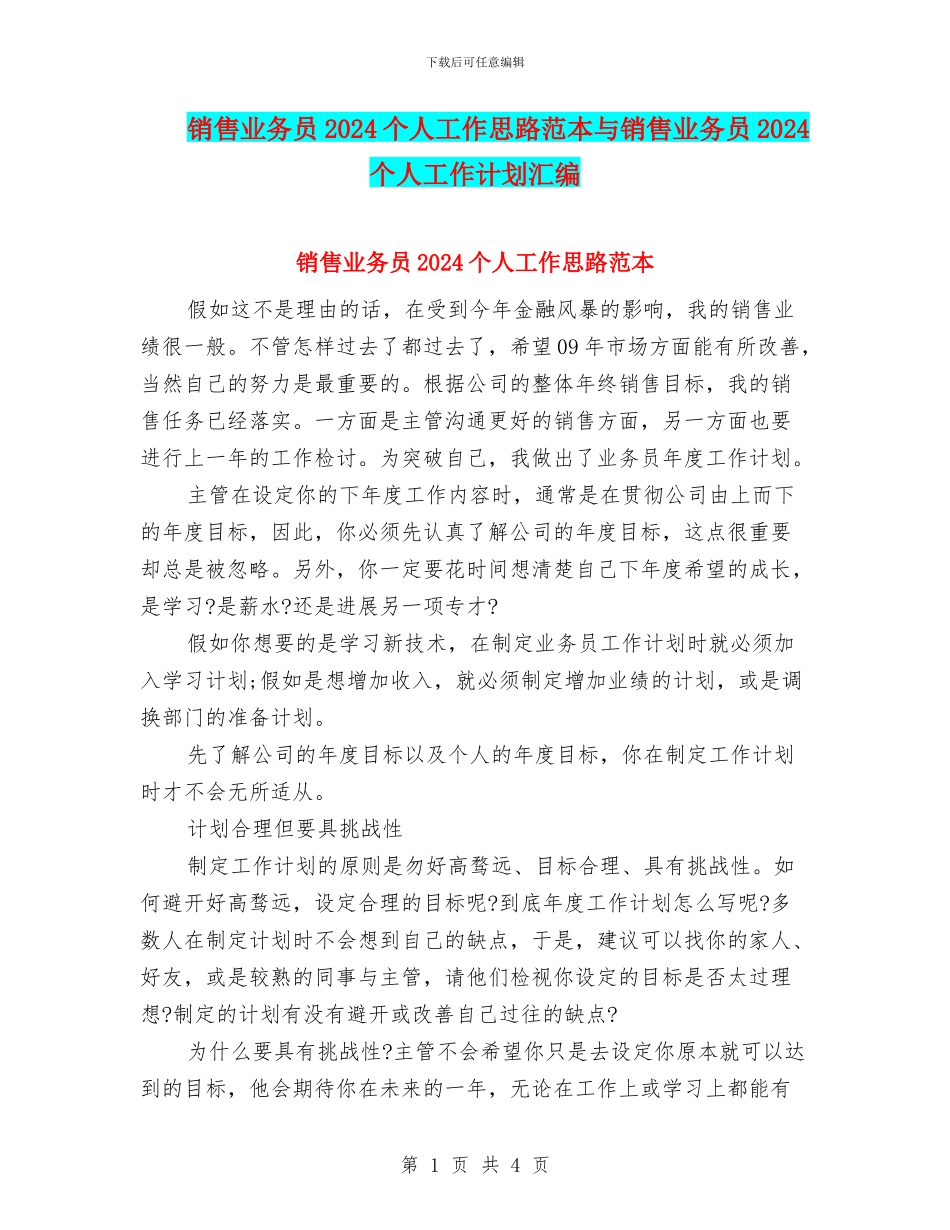 销售业务员2024个人工作思路范本与销售业务员2024个人工作计划汇编_第1页