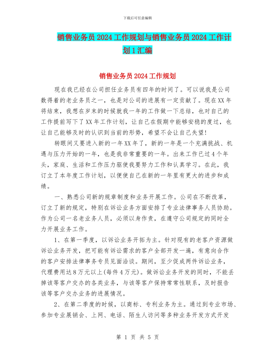 销售业务员2024工作规划与销售业务员2024工作计划1汇编_第1页
