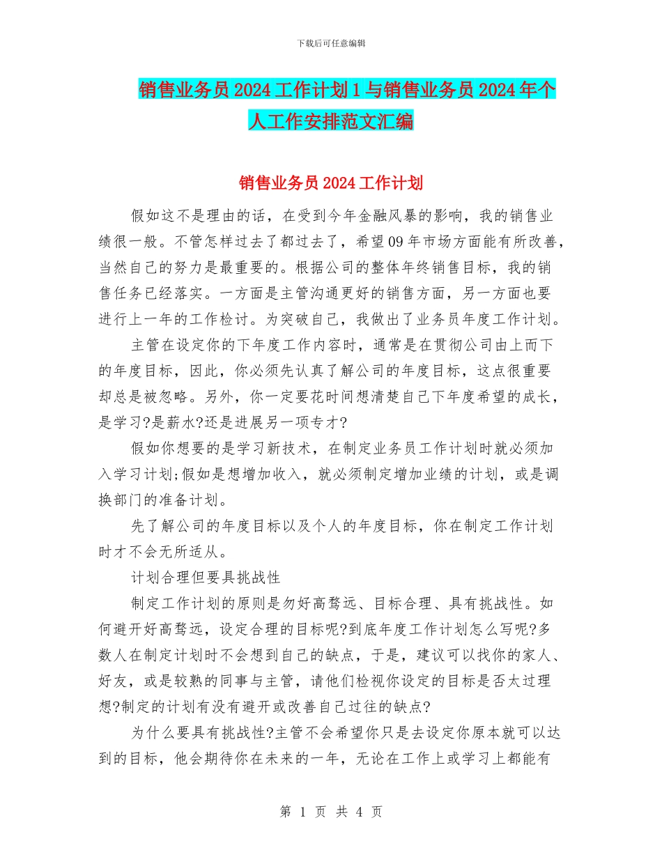 销售业务员2024工作计划1与销售业务员2024年个人工作安排范文汇编_第1页