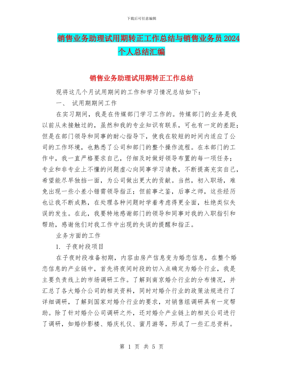 销售业务助理试用期转正工作总结与销售业务员2024个人总结汇编_第1页