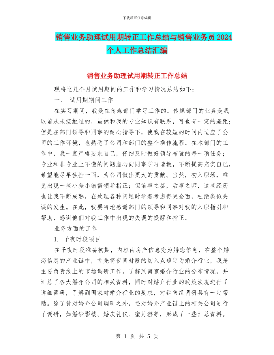 销售业务助理试用期转正工作总结与销售业务员2024个人工作总结汇编_第1页