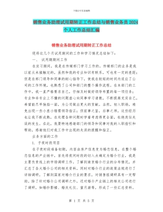 销售业务助理试用期转正工作总结与销售业务员2024个人工作总结汇编