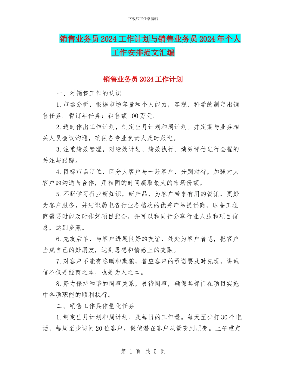 销售业务员2024工作计划与销售业务员2024年个人工作安排范文汇编_第1页