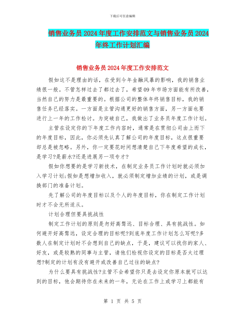 销售业务员2024年度工作安排范文与销售业务员2024年终工作计划汇编_第1页