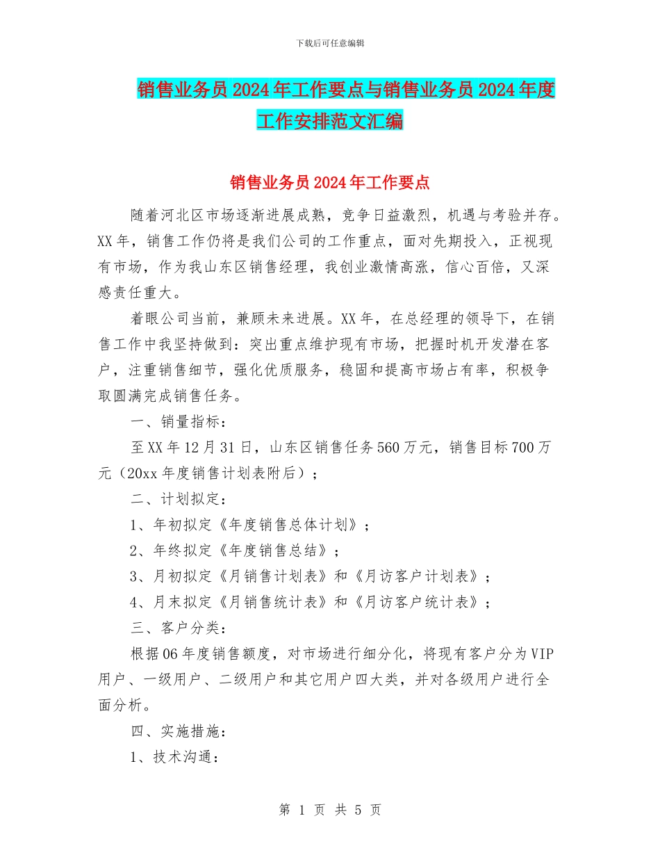 销售业务员2024年工作要点与销售业务员2024年度工作安排范文汇编_第1页