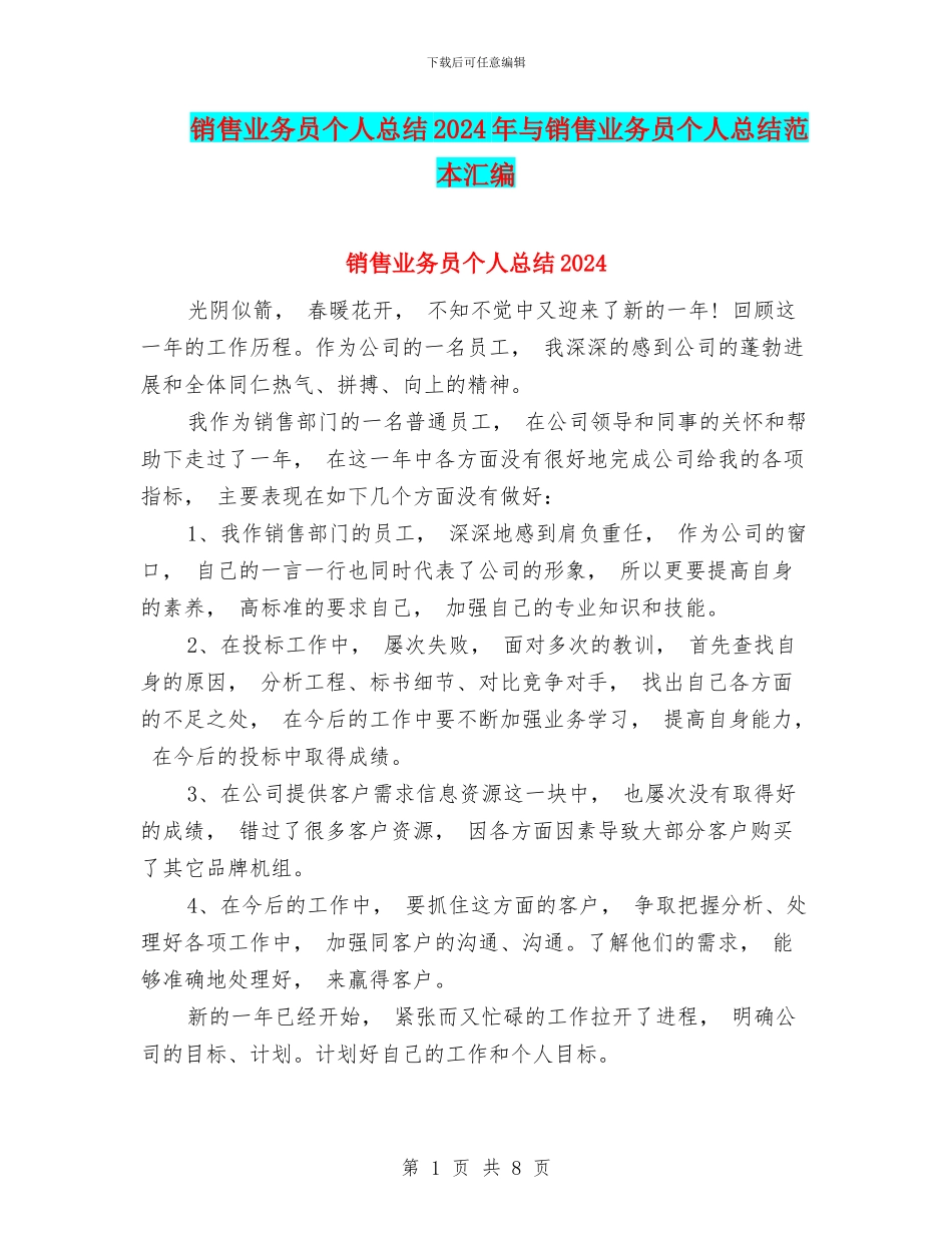 销售业务员个人总结2024年与销售业务员个人总结范本汇编_第1页