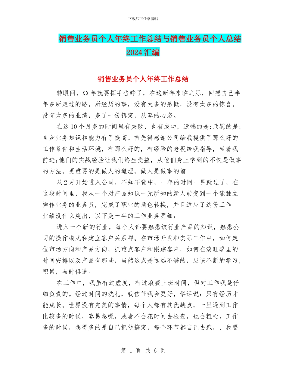 销售业务员个人年终工作总结与销售业务员个人总结2024汇编_第1页