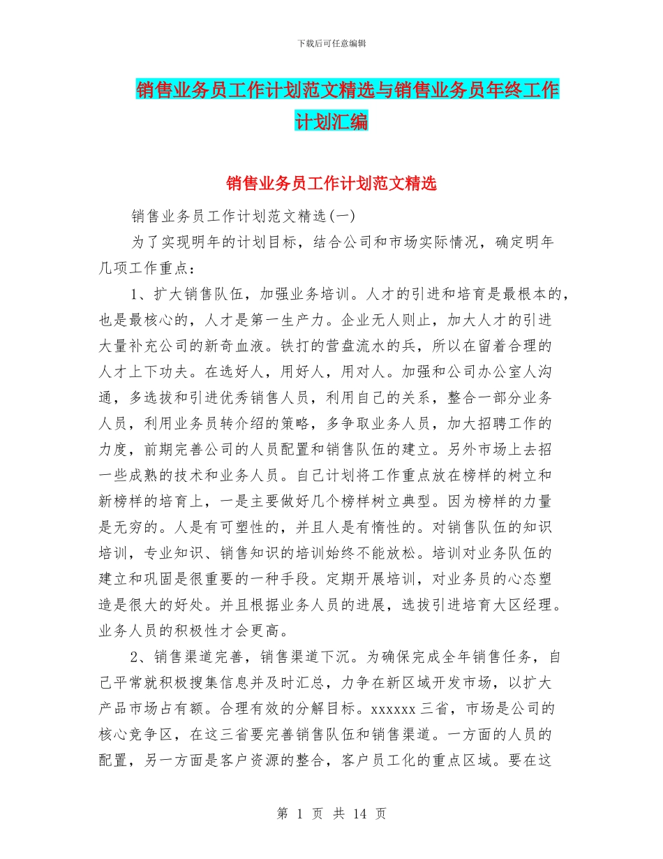 销售业务员工作计划范文精选与销售业务员年终工作计划汇编_第1页
